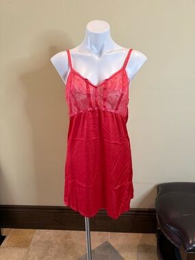 VENUS bright coral color Lace Bodice Satin Chemise with Adjustable Straps